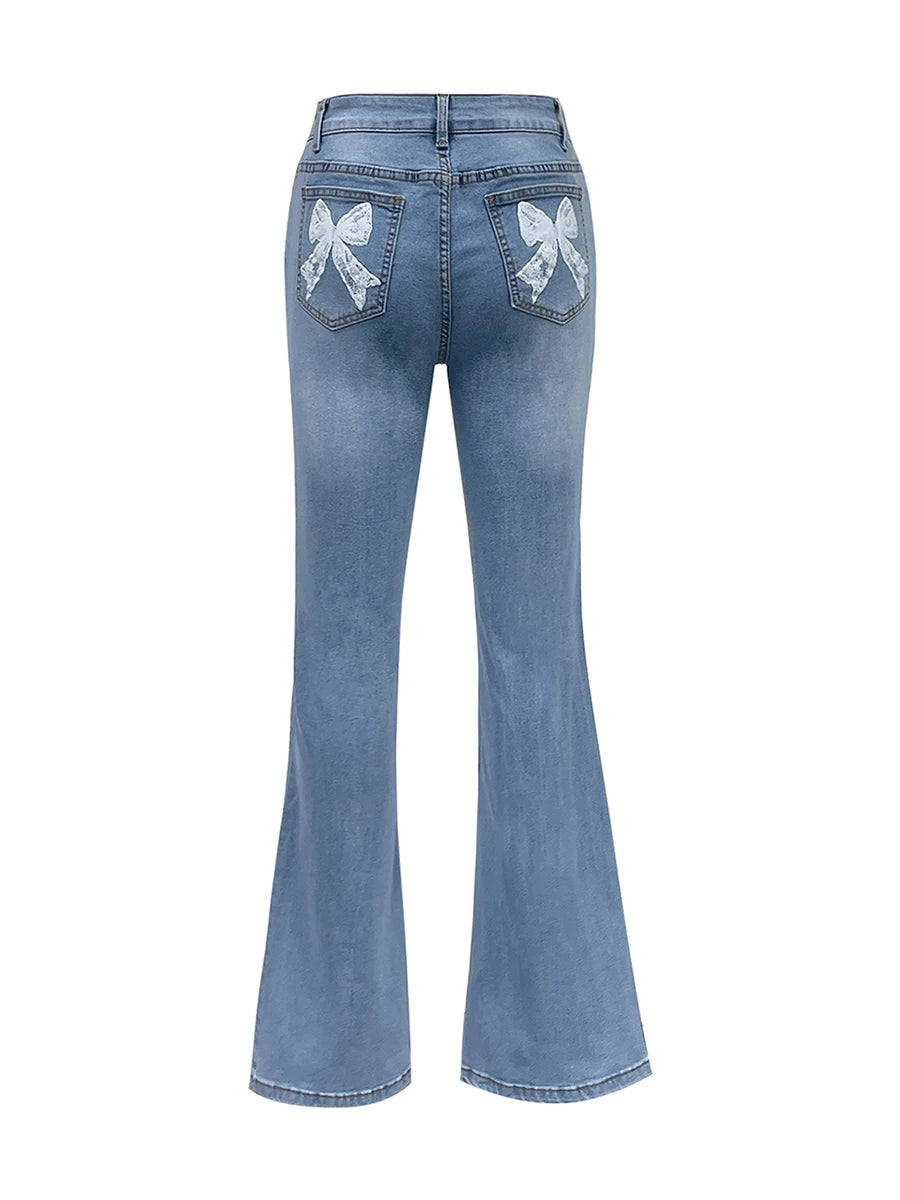 Women s High Waist Flare Jeans with Embroidered Floral Detailing Vintage Bell Bottom Denim Pants Stylish Long Trousers