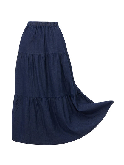 Ladies Denim Skirts with Elastic Waistband in Solid Color Long Length Summer Fashion Casual Jeans Skirt for Streetwear Style