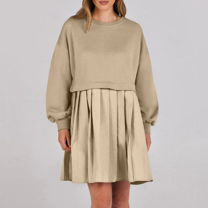 Women Sweatshirt Dress Long Sleeve Crewneck Pullover Loose Fit Tops Pleated Sweatshirts Dresses