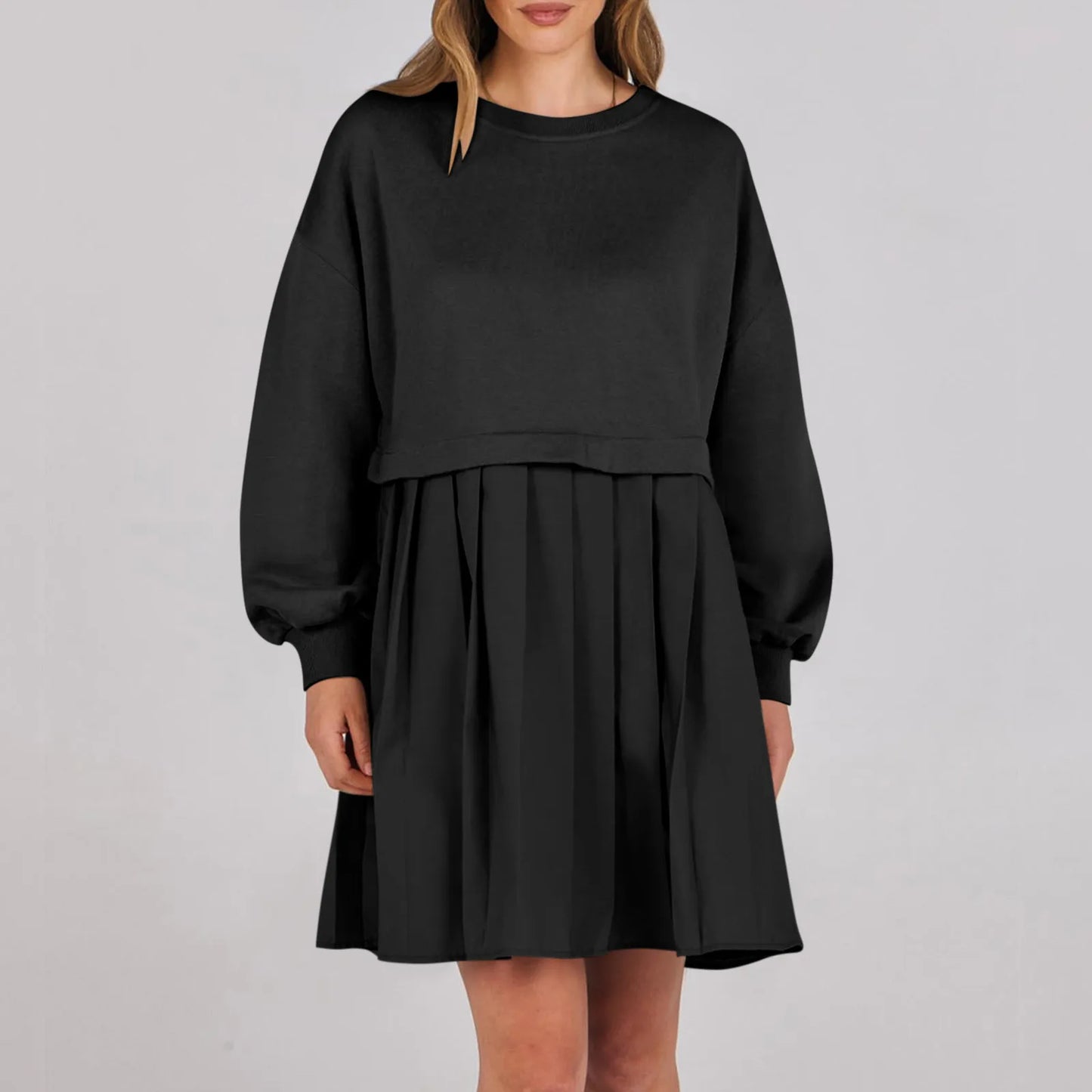 Women Sweatshirt Dress Long Sleeve Crewneck Pullover Loose Fit Tops Pleated Sweatshirts Dresses