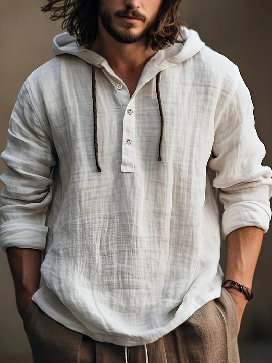 Men's cotton and linen shirt with hooded sweatshirt long sleeve casual and comfortable daily wear