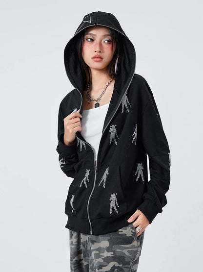 Women s Hoodie Coat Rhinestone Print Long Sleeve Zipper Sweatshirt