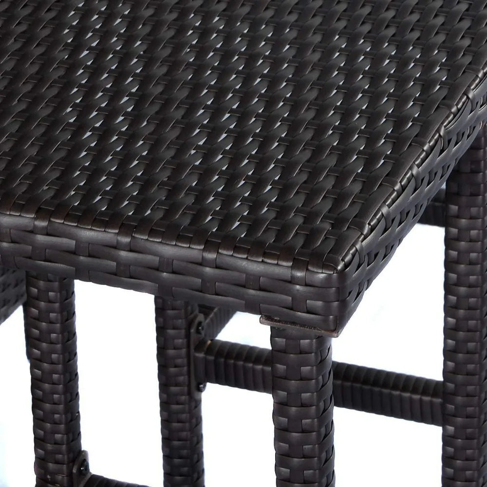 Outdoor Rattan 3-Piece Bar Set with Wicker Stools and Table Including 2 Storage Shelves.