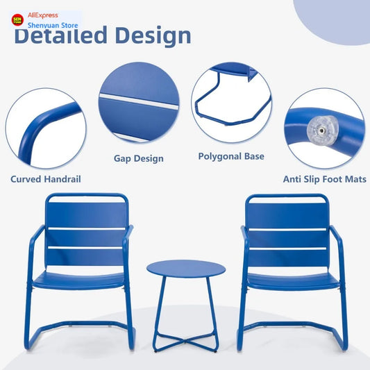 Budget-friendly 3 piece patio set, small patio furniture set - 2 c-spring metal chairs with round side table, outdoor bistro set