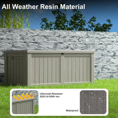 120 Gallon Resin Deck Storage Box with Lockable Feature for Outdoor Pool Accessories, and Garden Tools