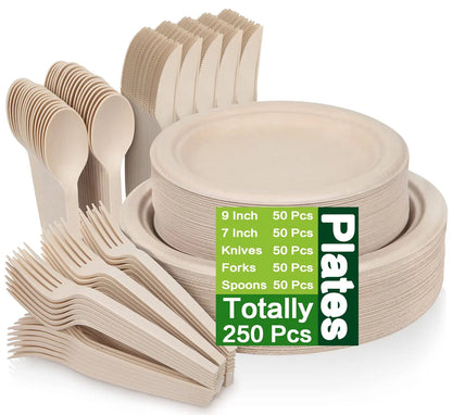 250 Piece  Paper Plates Set, Eco Friendly Biodegradable Plates, Spoons, Forks and Knives