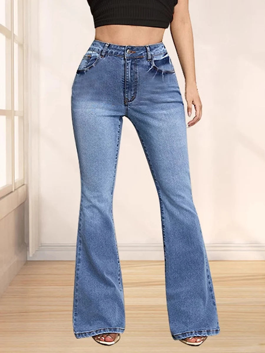 Women s High Waist Flare Jeans with Embroidered Floral Detailing Vintage Bell Bottom Denim Pants Stylish Long Trousers