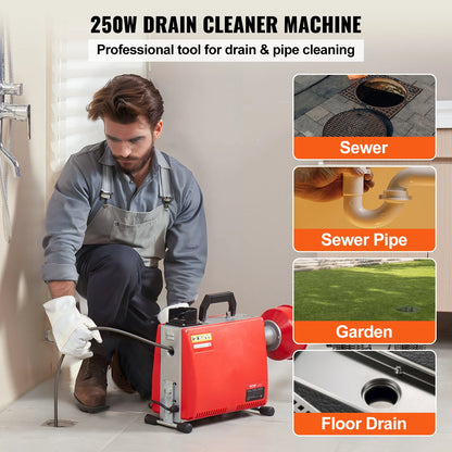Drain Cleaner Machine Electric Sewer Snake Auger Manual Feed - with 7 Cutters 2 Steel Cables & CW/CCW Control for Pipes