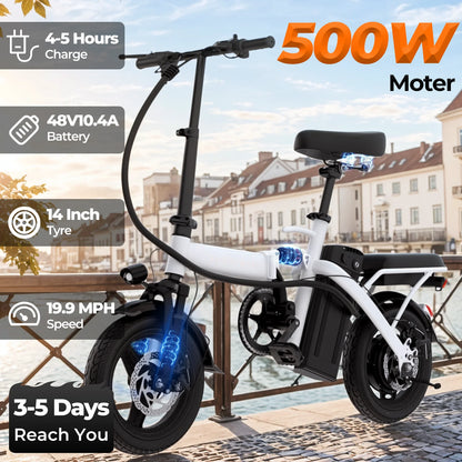 14-inch electric bike, easy to fold, adult commuter electric bike, 500W motor, removable battery, 20-mile maximum range