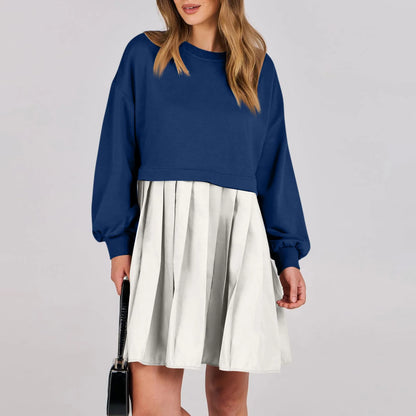 Women Sweatshirt Dress Long Sleeve Crewneck Pullover Loose Fit Tops Pleated Sweatshirts Dresses