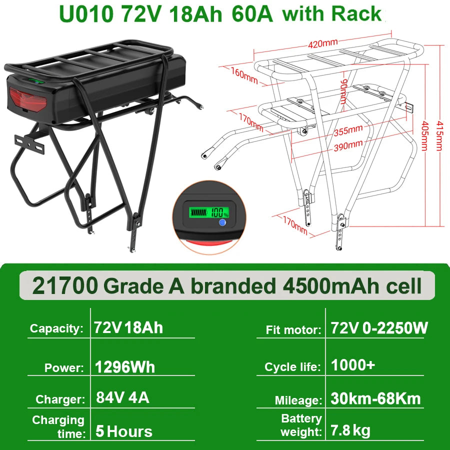 Rear Rack eBike Battery 52V 48V 27Ah 72V 20Ah with Rack no Rack Optional for 1500W 1000W 750W 500W 24"-28 inch