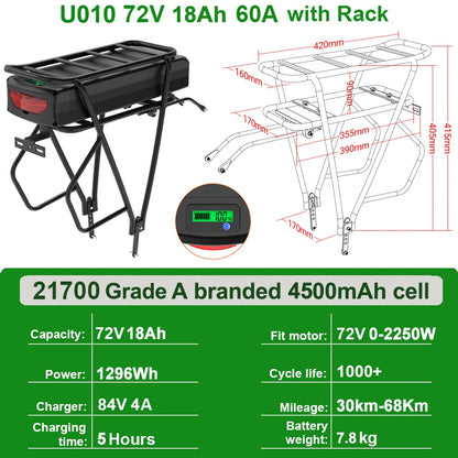 Rear Rack eBike Battery 52V 48V 27Ah 72V 20Ah with Rack no Rack Optional for 1500W 1000W 750W 500W 24"-28 inch