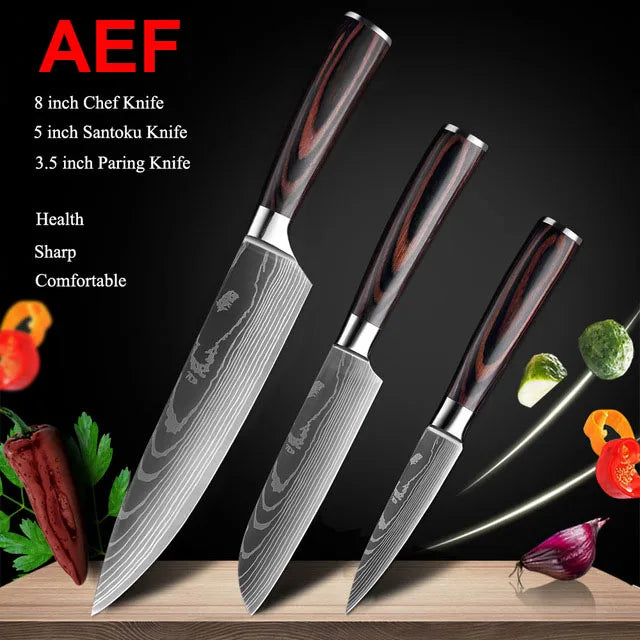 Kitchen Knives Set Laser Damascus Pattern Chef Knife Sharp Cleaver Slicing Utility Knives Tools