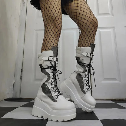 Women Goth Combat Boots Casual Wear Fashion Footwear with Lace-Up & Zipper