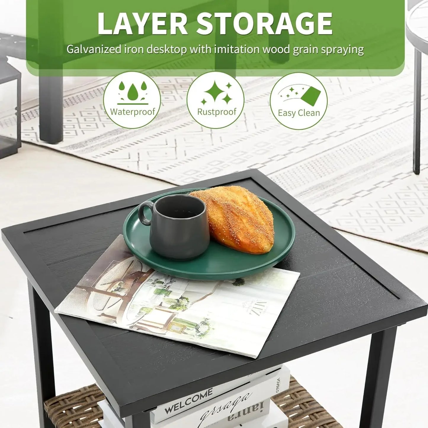 Outdoor Rocking Chair Set with Cushions and 2-Tier Coffee Table, Rattan Wicker 3 Pieces