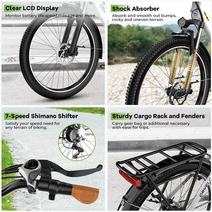 26" Electric E Bike with 7-Speed,1000 Peak Electric Bike for Adults,up 80 Miles Removable Battery Ebike, Adult Electric Bicycles