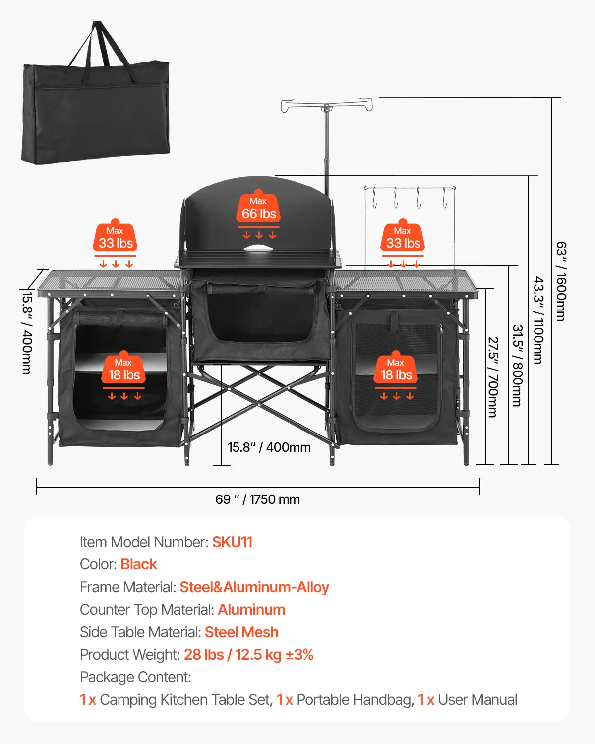 Aluminum Portable Cook Station with 3 Storage Cupboard Carrying Bag Quick Set-up for BBQ Picnic