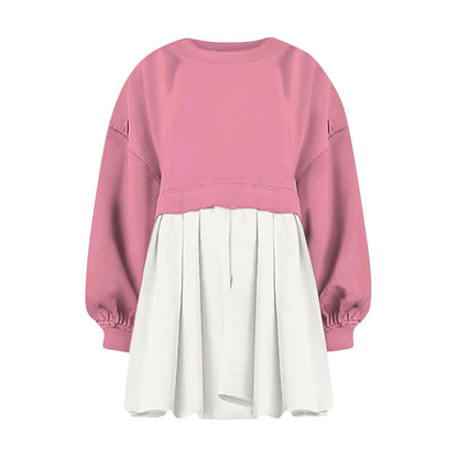 Women Sweatshirt Dress Long Sleeve Crewneck Pullover Loose Fit Tops Pleated Sweatshirts Dresses