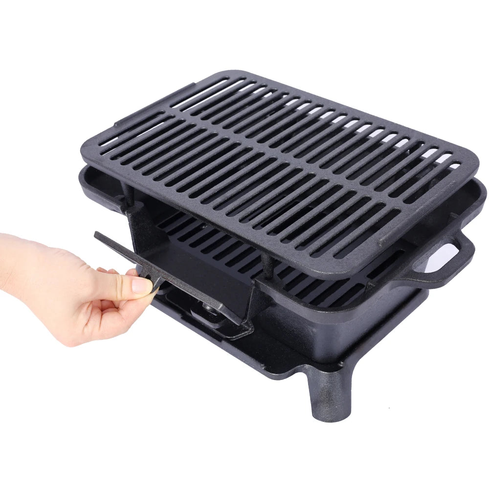 Cast Iron Grill, Portable Charcoal Grill 100% Cast Iron, Enameled, Durable