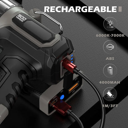 Compact Rechargeable Spotlight with Adjustable Focus, 1400 Lumens Handheld with Stand, 823m Range, 3 Light Modes