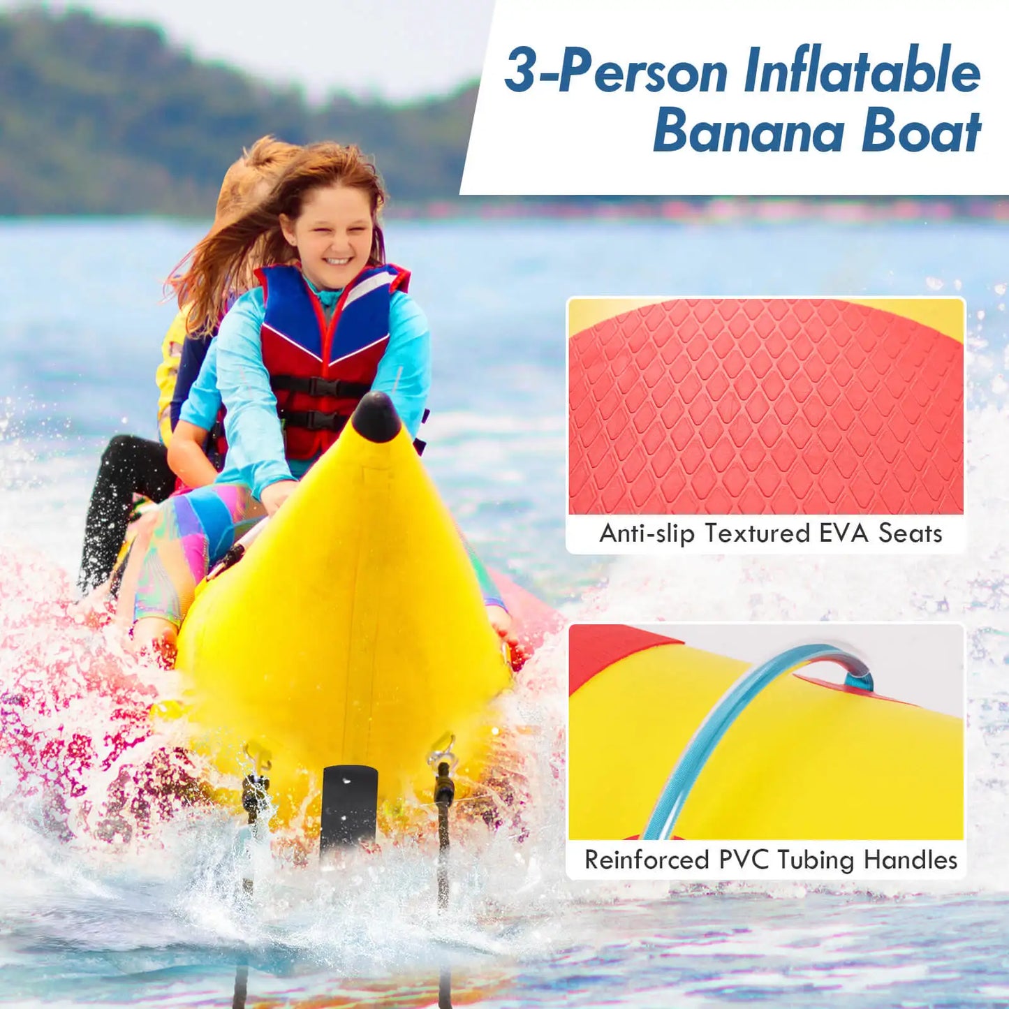 3-Person Inflatable Banana Boat w/ Boating and Water Sports Electric Air Pump