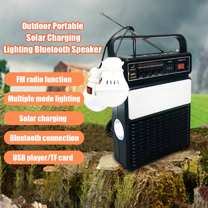 Portable outdoor camping solar lighting radio Bluetooth speaker, with two light bulbs and multiple lighting modes