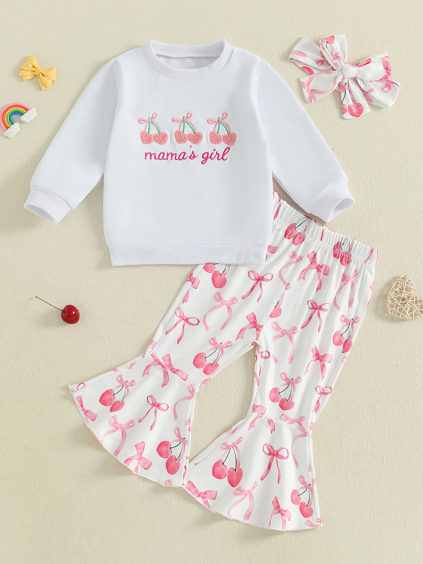 Toddler Girls Adorable Clothing Set with Cherry Embroidery Sweatshirt Bow Print Flared Pants and Matching Headband - 3 Piece