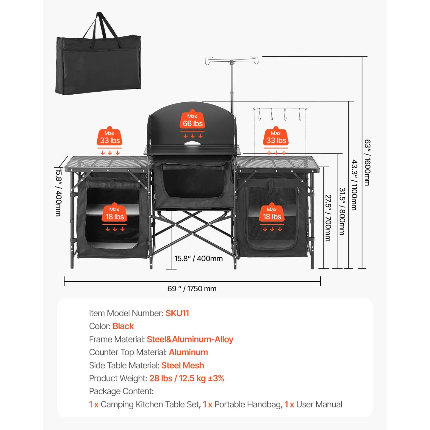 Aluminum Portable Cook Station with 3 Storage Cupboard Carrying Bag Quick Set-up for BBQ Picnic