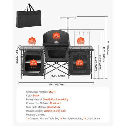 Aluminum Portable Cook Station with 3 Storage Cupboard Carrying Bag Quick Set-up for BBQ Picnic