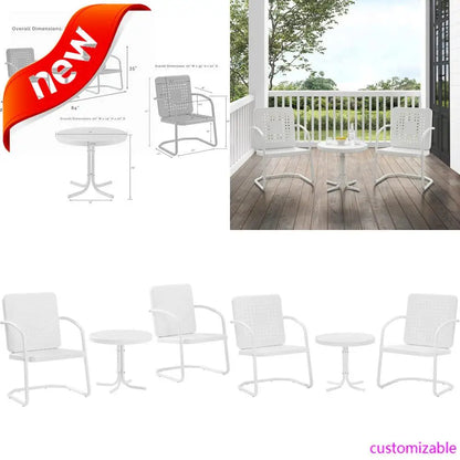 3-Piece Outdoor Bistro Set with Retro Metal Chairs and Side Table, White Gloss Finish