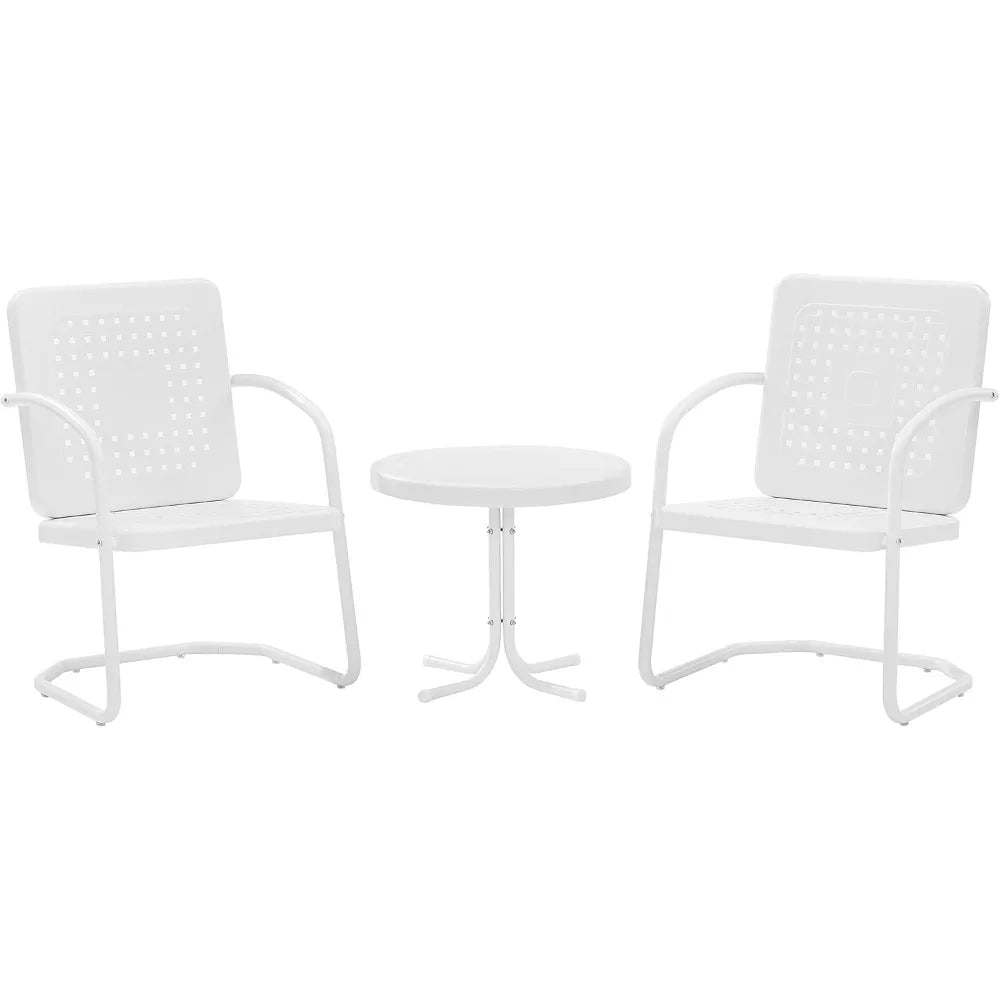 3-Piece Outdoor Bistro Set with Retro Metal Chairs and Side Table, White Gloss Finish