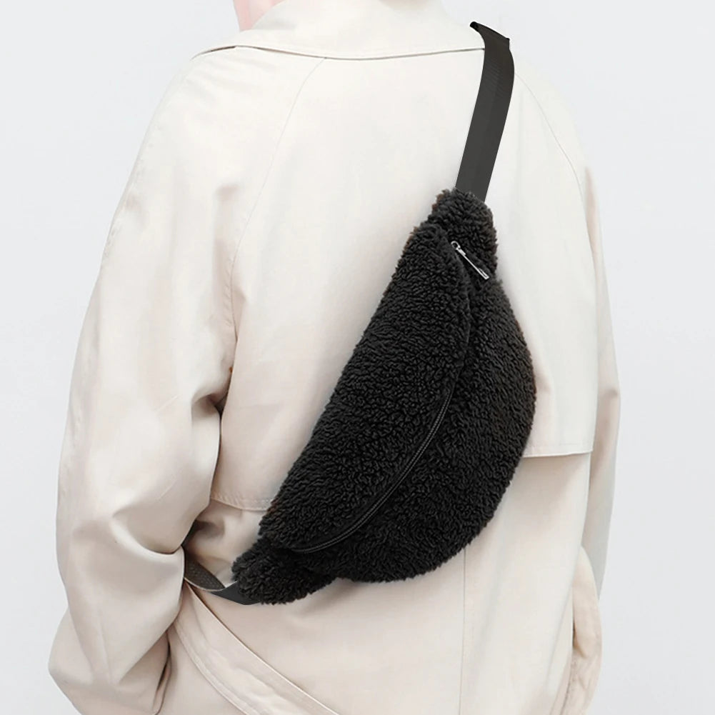 Unisex Fuzzy Crossbody Bag Zipper Closure Solid Shoulder Bag Multifunctional  Foldable Lightweight Autumn Winter Daily Bag