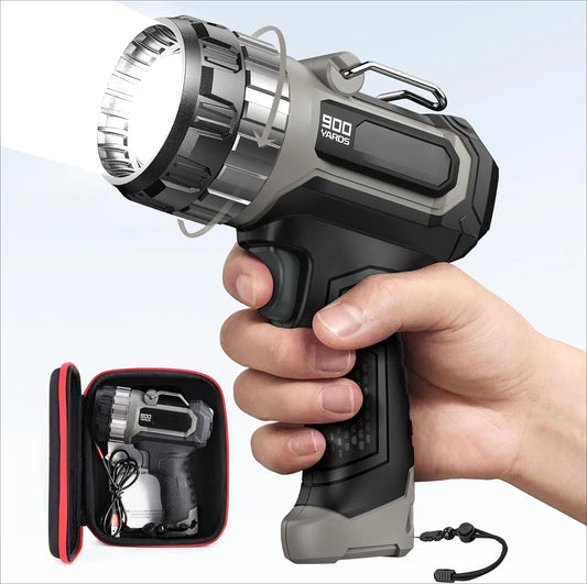 Compact Rechargeable Spotlight with Adjustable Focus, 1400 Lumens Handheld with Stand, 823m Range, 3 Light Modes