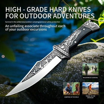 High Quality Steel Hunting Knife, Outdoor Survival Knife, Rubber Anti Slip Handle, Equipped with Leather Case