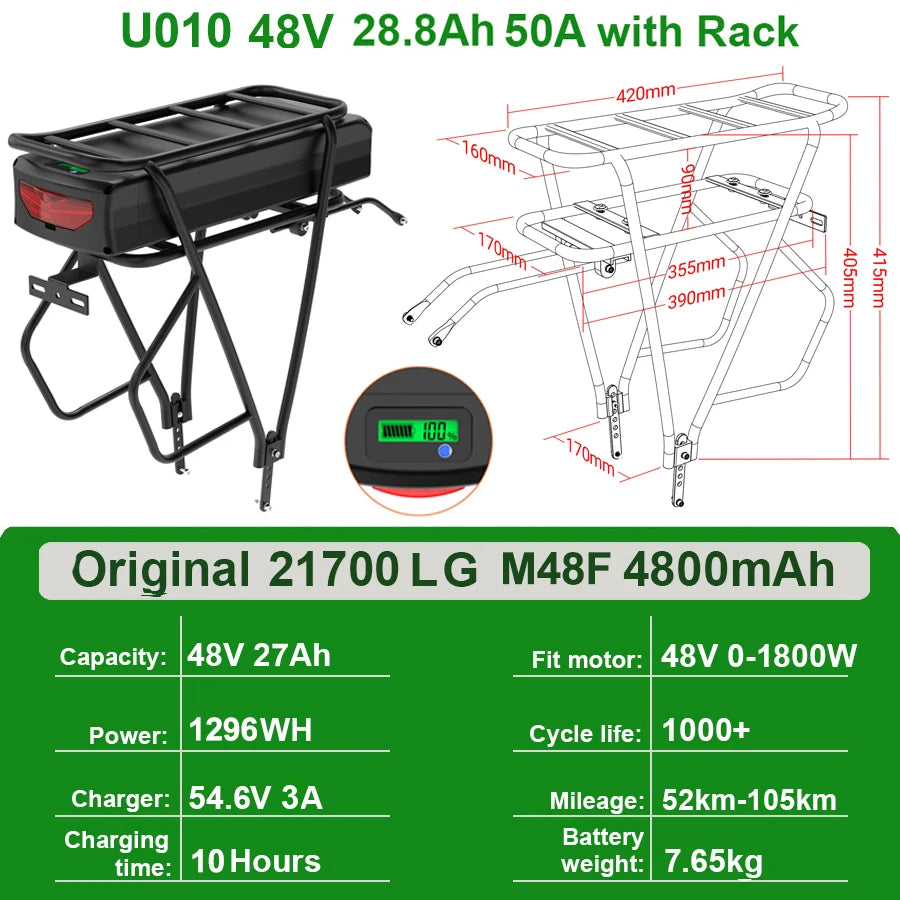 Rear Rack eBike Battery 52V 48V 27Ah 72V 20Ah with Rack no Rack Optional for 1500W 1000W 750W 500W 24"-28 inch