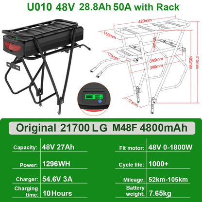 Rear Rack eBike Battery 52V 48V 27Ah 72V 20Ah with Rack no Rack Optional for 1500W 1000W 750W 500W 24"-28 inch