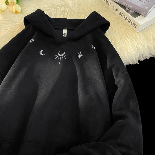 Suede Sweatshirt Men Loose Hoodie Embroidery Pattern Gothic Style