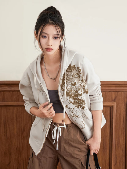 Women Hoodie Vintage Long Sleeve Graphic Print Zipper Closure Sweatshirt with Pockets