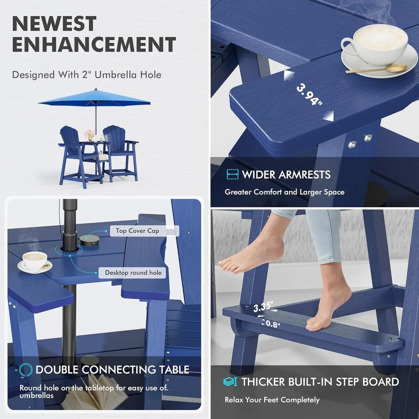 Tall  Chair Set of 2 with Double Connecting Tray, Wood Grain, Weather Resistant