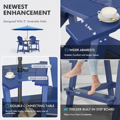 Tall  Chair Set of 2 with Double Connecting Tray, Wood Grain, Weather Resistant