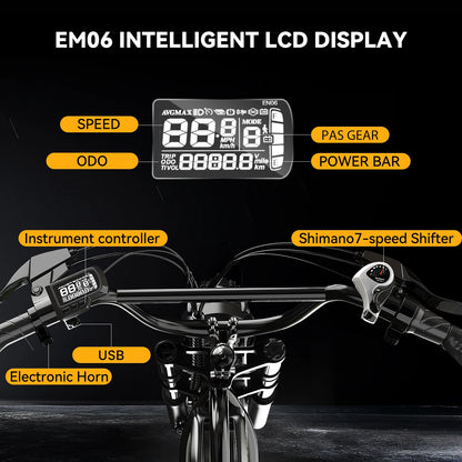 1000W Motor 20" Fat Tire 48V 20/30AH Battery Powered Electric 80Miles+ 30MPH Outdoor E-bike