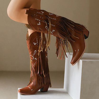 Retro Tassel Embroidered Cowgirl Mid-Calf Women Western Boots Pointed Toe Chunky High Heel