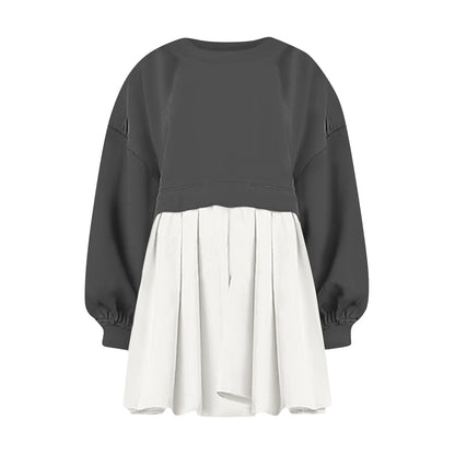 Women Sweatshirt Dress Long Sleeve Crewneck Pullover Loose Fit Tops Pleated Sweatshirts Dresses