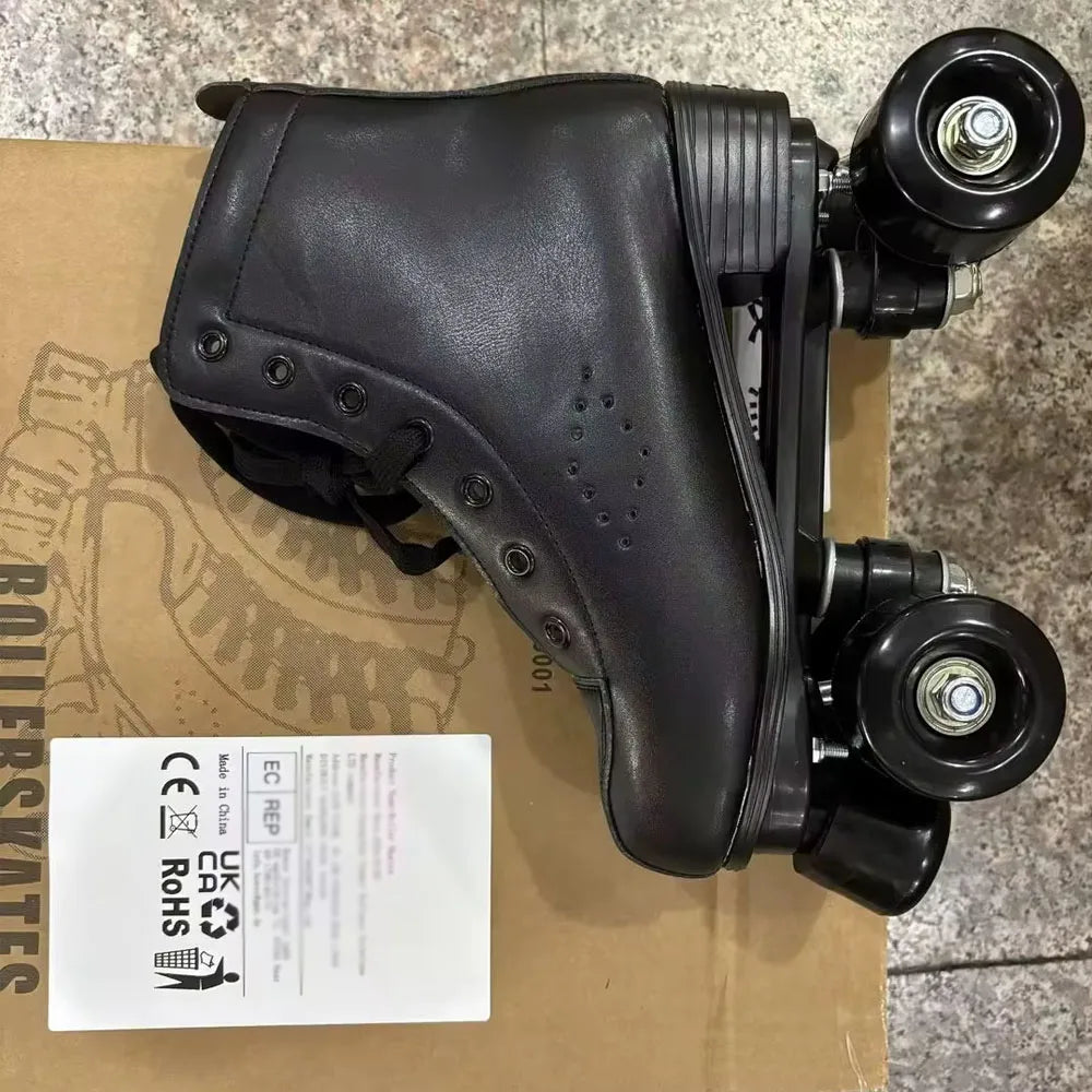 Double-Row Roller Skate Shoes Quad Sneakers Beginner Men Women Outdoor Skating  Size 34-45 Pu Leather