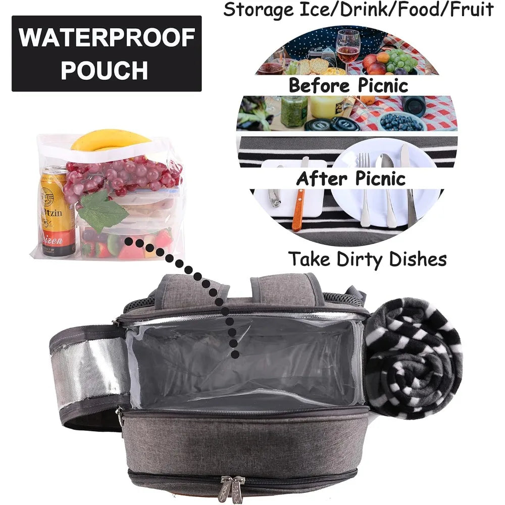 Picnic Backpack Set for 2 Person with Cooler Compartment, Detachable Bottle/Wine Holder, Fleece Blanket, Plates