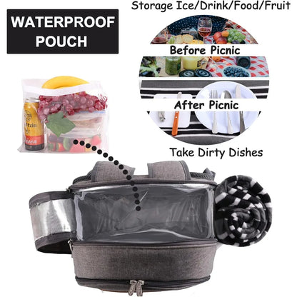 Picnic Backpack Set for 2 Person with Cooler Compartment, Detachable Bottle/Wine Holder, Fleece Blanket, Plates