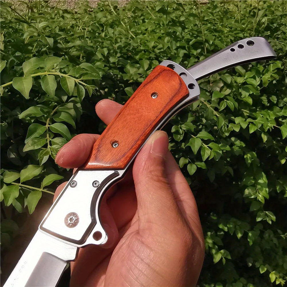 10.63" Folding Knife with 5.71" 7CR13MOV Steel Blade, Red Sandalwood and Steel Handle, Outdoor Hunting and Camping