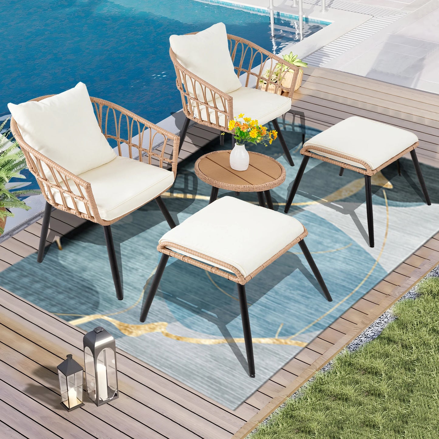 5 Piece Patio Furniture Set, Outdoor Wicker All-Weather PE Rattan Chairs with Ottoman & table