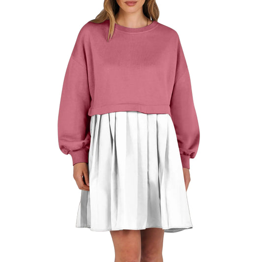 Women Sweatshirt Dress Long Sleeve Crewneck Pullover Loose Fit Tops Pleated Sweatshirts Dresses