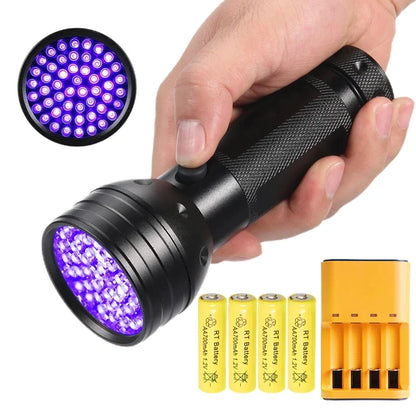 51 LED UV Flashlight Blacklight with 4-Slot Charger and AA Rechargeable Batteries